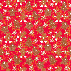 Seamless Christmas pattern cookies, gingerbreads, Christmas tree and snowflakes, red background.