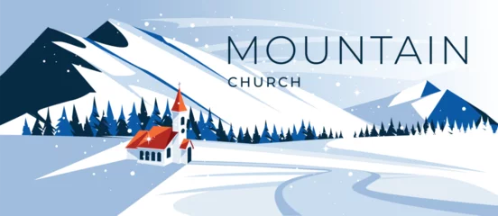 Foto op Canvas Catholic traditional church in the middle of a winter mountain valley. Snow meadow. Landscape of the cold Christmas season. Vector flat illustration © Maria