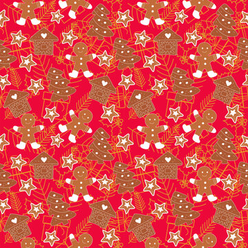 Seamless Christmas pattern cookies, gingerbreads, Christmas tree and snowflakes, red background.