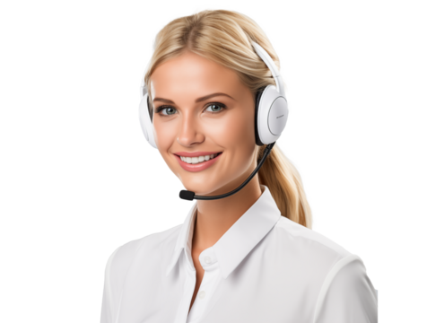 portrait of a woman customer service representative wearing headphones in white clothes with a gentle smile, providing support and assistance in call center