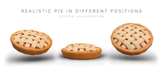 Realistic pie in different positions. Tasty round pie with fruit filling. Model for modern bakery. 3d bread concept. Vector illustration in 3d style with place for text