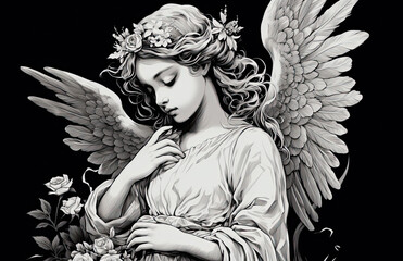 A black and white image of a pretty girl angel. - obrazy, fototapety, plakaty