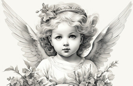 A black and white image of a cute child angel, diadema with flowers.