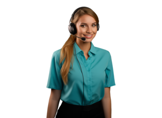 portrait of a woman customer service representative wearing headphones in blue green clothes with a gentle smile, providing support and assistance in call center