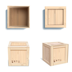 Wood box. Wooden open gift, cargo package with texture and fragile labels, empty container realistic mockup, brown board. Warehouse delivery equipment different side view. Vector isolated set
