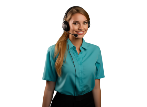 portrait of a woman customer service representative wearing headphones in blue green clothes with a gentle smile, providing support and assistance in call center