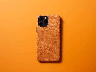 A modern smartphone case made from cork on isolated orange background.