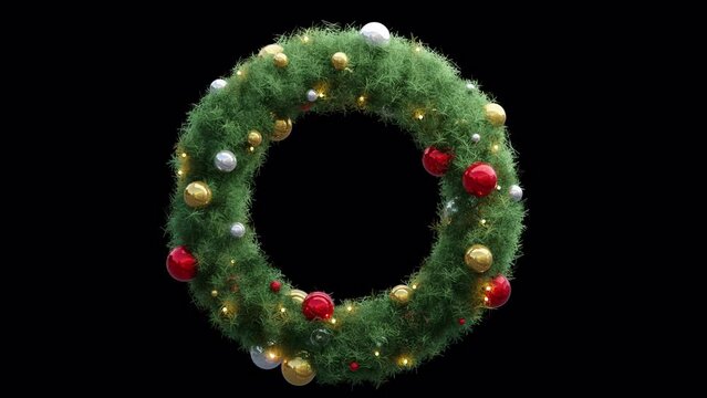 Rotating Christmas wreath with Christmas decorations, balls and lights. Looped animation. With an alpha channel.