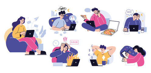Freelance characters. Design work, computer or laptop, creative people at home, network, girl and boy in web, people in casual clothes. Room interior. Vector illustration, cartoon flat set