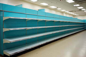 Supermarket with empty shelves for goods. Concept: sale and demand for purchases, deficit, excitement and epidemic, difficult economic situation