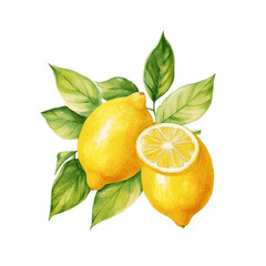 Watercolor lemon fruit with leaves for food vitamin design on white background - obrazy, fototapety, plakaty