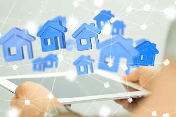 home iot - Neural network 3D illustration. Big data and cybersecurity