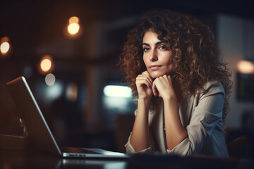 Portrait of a Happy Middle Eastern Manager Sitting at a Desk in Creative Office, Stylish Female with Curly Hair Using Laptop Computer, Thinking About a Business Strategy in Marketing Agency at Night