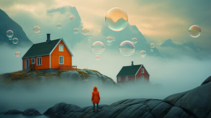 Serene landscape with orange-jacketed person gazing at soap bubbles over misty fjord and traditional scandinavian houses. Generative AI