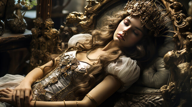 Realistic Sleeping Beauty.  Generated Image.  A digital rendering of a medieval sleeping beauty from the fairy tale.