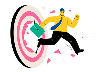 Business man breakthrough huge target for goal achievement and career success. Flat vector illustration isolated on white background
