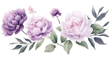 Collection of hand drawn watercolor pink and purple flowers isolated on a transparent background PNG, buds and leaves.


