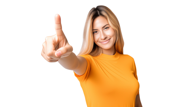 Young caucasian blonde woman in yellow shirt cutout isolated on transparent background pointing to something, smiling and confident, PNG.