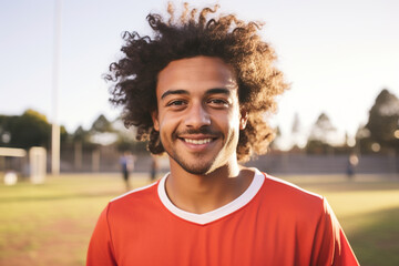 portrait of a young mixed race soccer player man smiling looking into camera