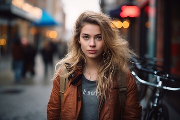 Portrait of a young woman with bicyle out in the city
