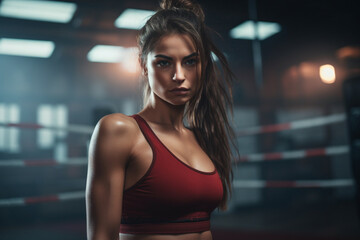 Portrait of beautiful kick boxer exercising in the gym