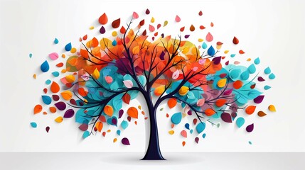 Colorful tree with leaves on hanging branches illustration background. 3d abstraction wallpaper for interior mural wall art décor. Floral tree with multicolor leaves