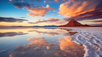 Salt Lake Reflections Crystalline Surface Vivid Colors Sunset Landscape Background