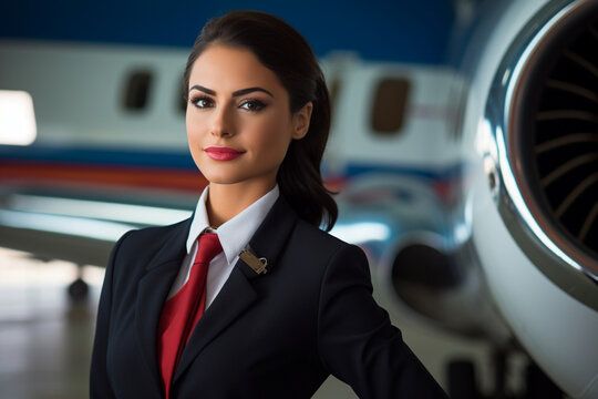 Portrait of confident flight attendant on corporate jet
