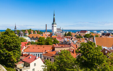 Tallinn cityscape in Estonia with ancient rooftops of churches and castles