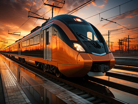 A fast-moving modern passenger train in motion on the railway station at sunset, with a motion blur effect on the railroad platform.