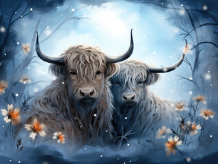Facing a terrible storm, highland cows enduring the harsh conditions.