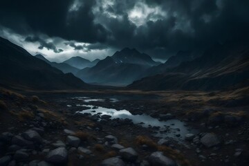 Fototapeta na wymiar gloomy landscape, dark sky, realistic image, quality details - AI Generative