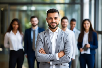 Portrait of handsome smiling businessman with his colleagues, Multi-ethnic group of business persons standing in modern office, Successful team leader and his team in background