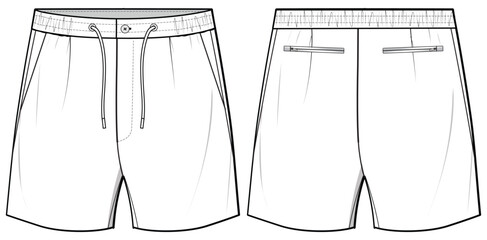 Men's Sports Sweat shorts design front and back view flat sketch fashion illustration, Knitted Jogger short cad drawing vector template