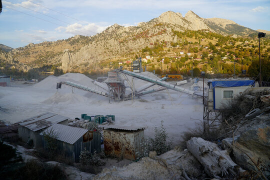 Lime and mortar works with conveyor belts and stone quarry in the Taurus Mountains near the village of Taspınar, 42830 Hadim Konya, Turkey.