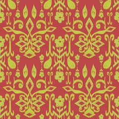 Ikat pattern with color background including repeated various elements, traditional style, ethnic, vintage, design for home decor, fabric, clothing, curtain, cushion.