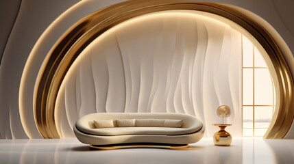 Interior of a luxury modern gold living room with sofa and big abstract arch. Generative AI