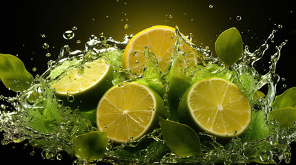 Little Lime with Splash of Juice and Leaves Background Defocused