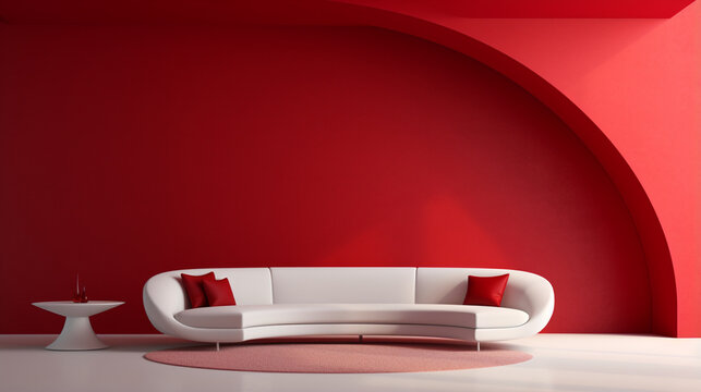 Interior of a luxury modern red living room with sofa and big abstract arch. Generative AI