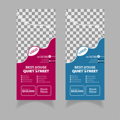 Real estate Roll up banner design template | Blue and purple banner layout, advertisement, rollup, display, flag-banner, infographics, presentation