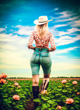 A woman wearing a cowboy hat walking in a field of roses. The sky above is clear and blue