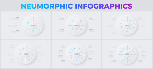 Vector set of neumorphism infographic cycle elements with 3, 4, 5, 6, 7 and 8 options, steps, parts or processes