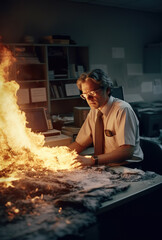 man working in a burning office burnout concept