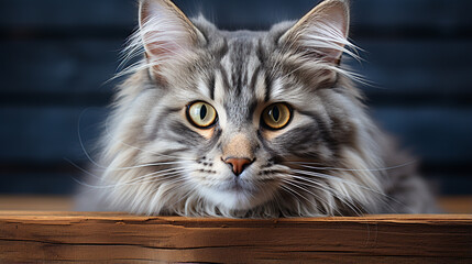 Naklejka na ściany i meble Funny large longhair gray kitten with beautiful big green eyes lying on white table. Generative AI