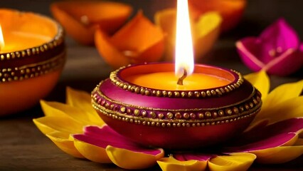 Close-up of burning diya lamps on festive rangoli - Powered by Adobe