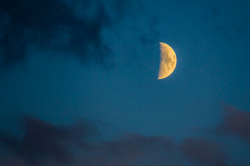 Bright moon among dark clouds in  evening sky