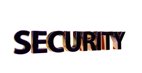 Security Sicherheit goldene plakative 3D-Schrift, Vertrauen, Schutz, Vorsorge, Gefahrenabwehr, Risikomanagement, Prävention, Sicherheitsmaßnahmen, Datenschutz,  Cybersecurity, Rendering, Freisteller