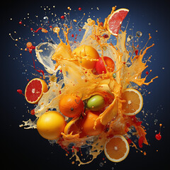 Obraz na płótnie Canvas dynamic art made of fruits like an orange, an apple, ginger, and a lemin - all cut in half created with Generative Ai