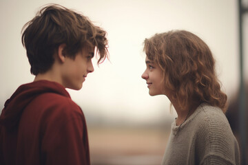 Portrait of teenage boy and girl Watching each other with love