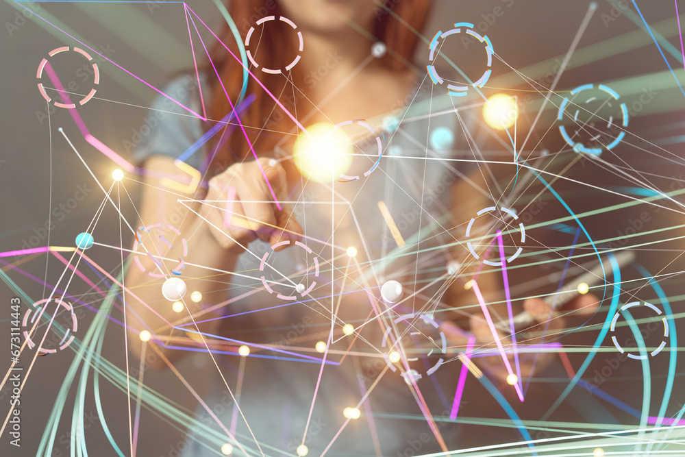 Poster Global network. Blockchain. 3D illustration. Neural networks and artificial intelligence. Abstract